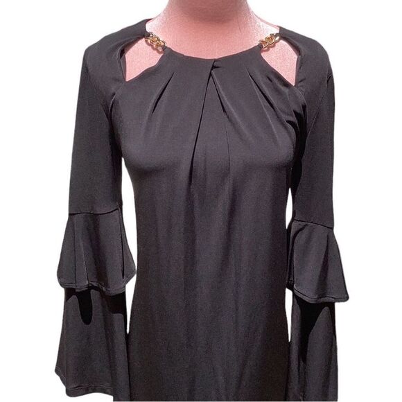 MICHAEL KORS NWT XS BLACK SHIFT DRESS DOUBLE BELL SLEEVES CHAIN DETAIL - Picture 9 of 13